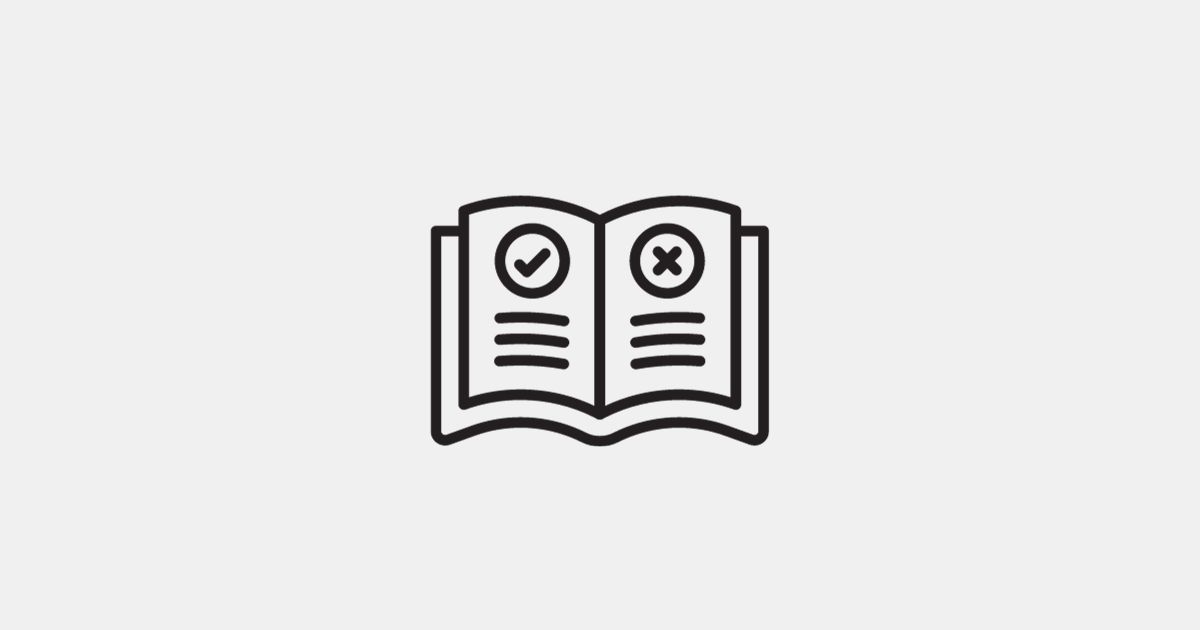 Zeichnung von einem aufgeklappten Buch. Auf der linken Seite ist ein Haken und auf der rechten Seite ein X. Es soll zeigen, was im Styleguide erlaubt ist und was nicht.