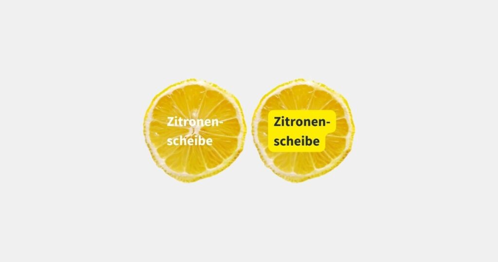 Als Erklärung für Barrierefreie Farbkontraste steht der Text Zitronenscheibe in schwarz auf gelb und in weiß auf gelb auf zwei Zitronenscheiben als Vergleich nebeneinander geschrieben.