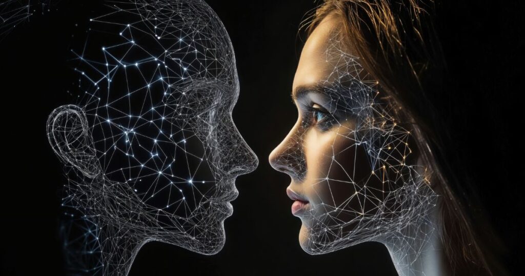 Künstliche Intelligenz trifft auf Menschlichkeit. Die Silhouette eines Kopfes blickt in das Gesicht eines Menschen.