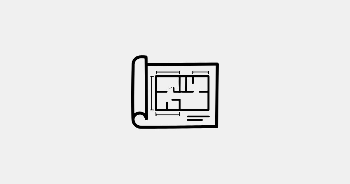 Schwarzes Linien-Icon eines Gebäudegrundrisses mit eingezeichneten Maßlinien auf einem Bauplan.