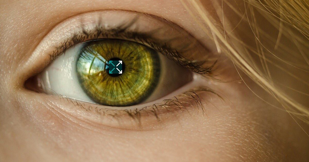 Nahaufnahme von einem grünen Auge einer blonden Frau mit dem Logo Design Favicon von distriko auf der Iris