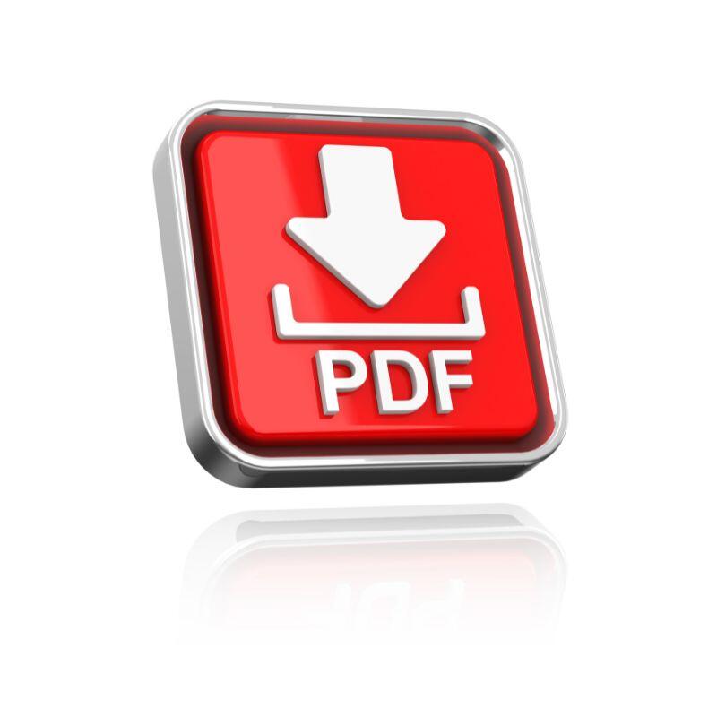 Ein rotes Symbol mit einem weißen Pfeil für Download und die Buchstaben PDF