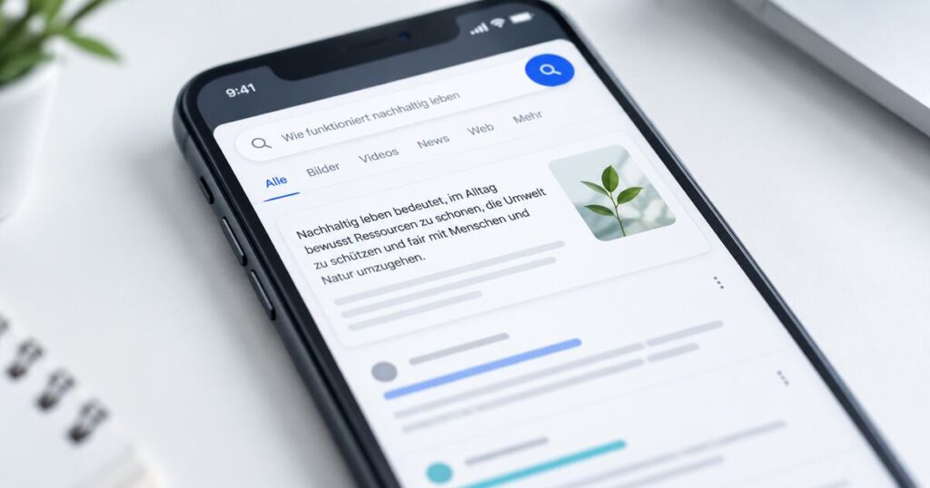 Smartphone mit einer Suchergebnisseite, auf der eine direkte Antwort hervorgehoben dargestellt wird.