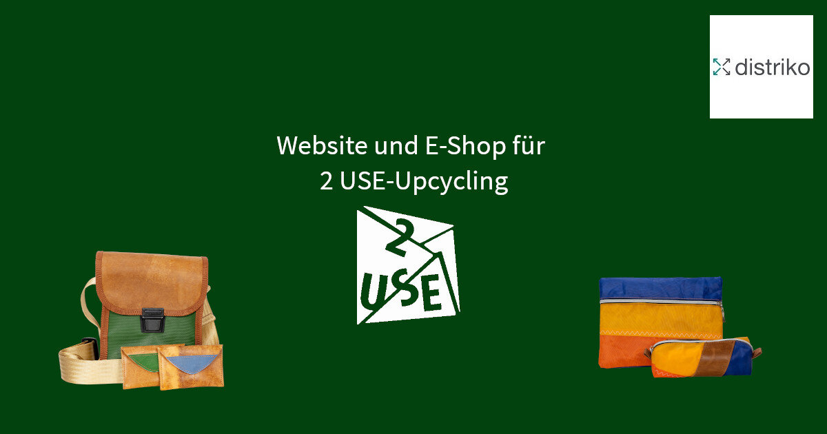 In der Mitte des Bildes steht Website und E-Shop für 2 Use Upcycling geschrieben. Seitlich sind einige Taschen als Beispiele zu sehen.