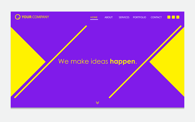 Screenshot einer Landingpage in Gelb und Lila mit der Werbung "We make ideas happen"