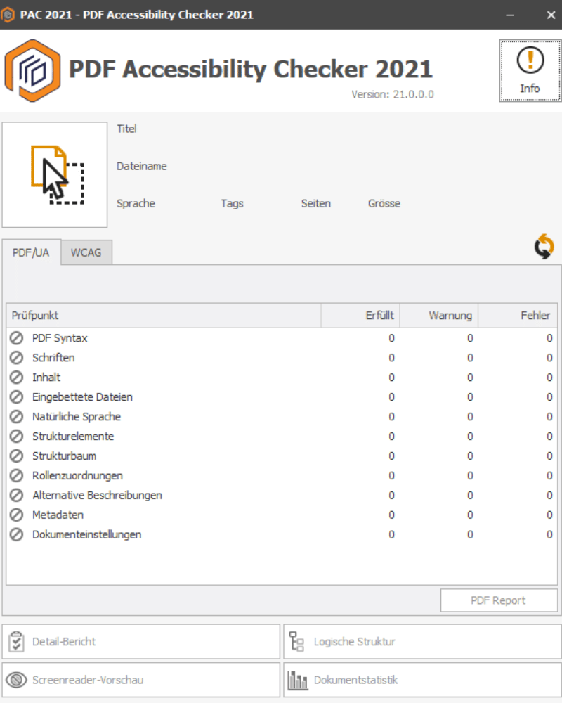 Screenshot vom PDF Accessibility Checker und den Prüfpunkten für PDF-UA