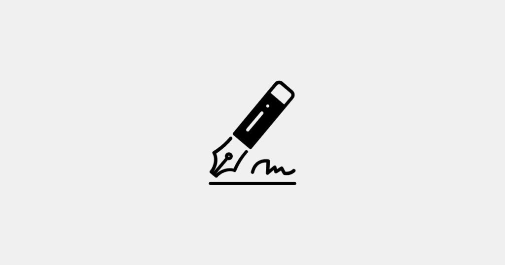 Zeichnung von einem Stift mit einer Feder und einer Andeutung von einer handschriftlichen Signatur.