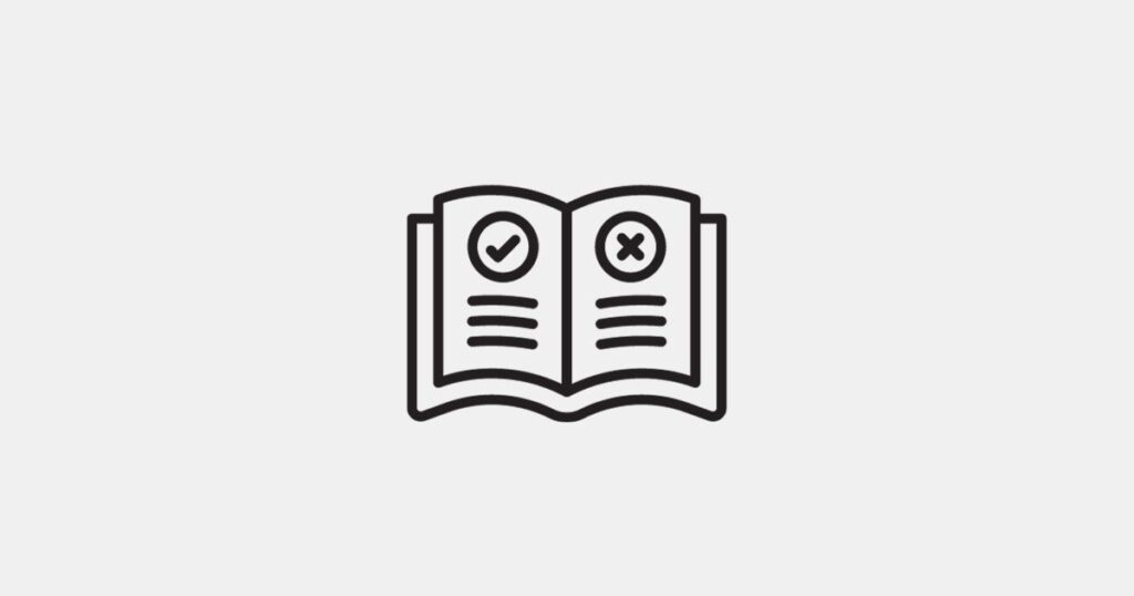 Zeichnung von einem aufgeklappten Buch. Auf der linken Seite ist ein Haken und auf der rechten Seite ein X. Es soll zeigen, was im Styleguide erlaubt ist und was nicht.