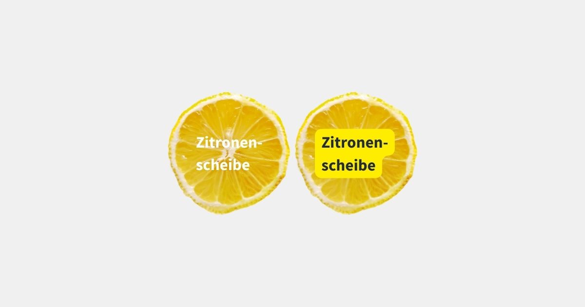 Als Erklärung für Barrierefreie Farbkontraste steht der Text Zitronenscheibe in schwarz auf gelb und in weiß auf gelb auf zwei Zitronenscheiben als Vergleich nebeneinander geschrieben.