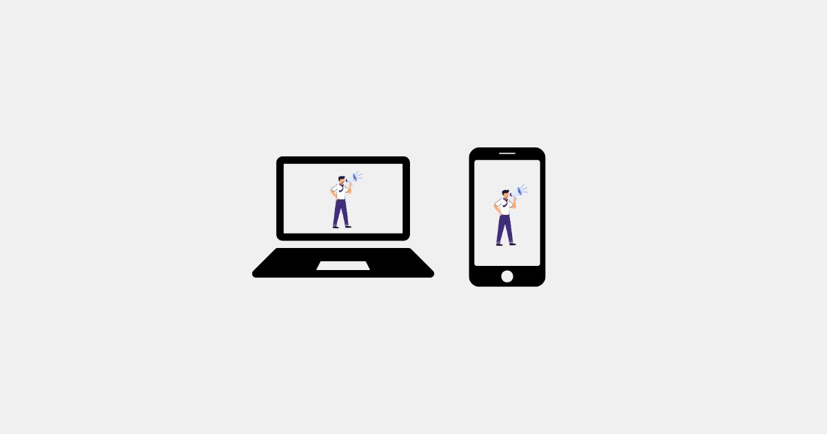 Icon von einem Laptop und einem Smartphone und eine Zeichnung einer Person die ein Megaphon als Sinnbild für einen Screenreader hält.