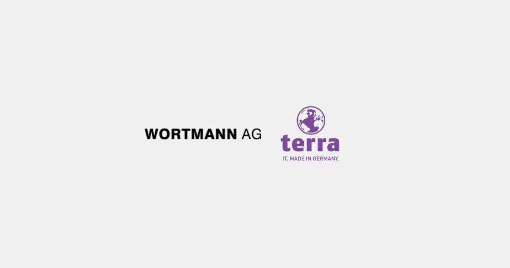 WORTMANN AG Schriftzug in schwarzen Großbuchstaben und ein Lila Logo mit dem Text terra - IT made in Germany