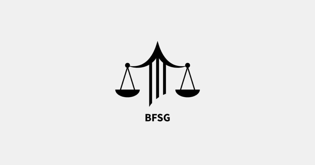 Icon einer Waage in schwarz und die Buchstaben BFSG als Abkürzung für Barrierefreiheitsstärkungsgesetz