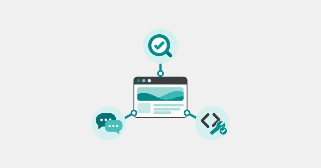 Illustration einer Website mit verbundenen Symbolen für Prüfung, Beratung und technische Umsetzung der digitalen Barrierefreiheit.